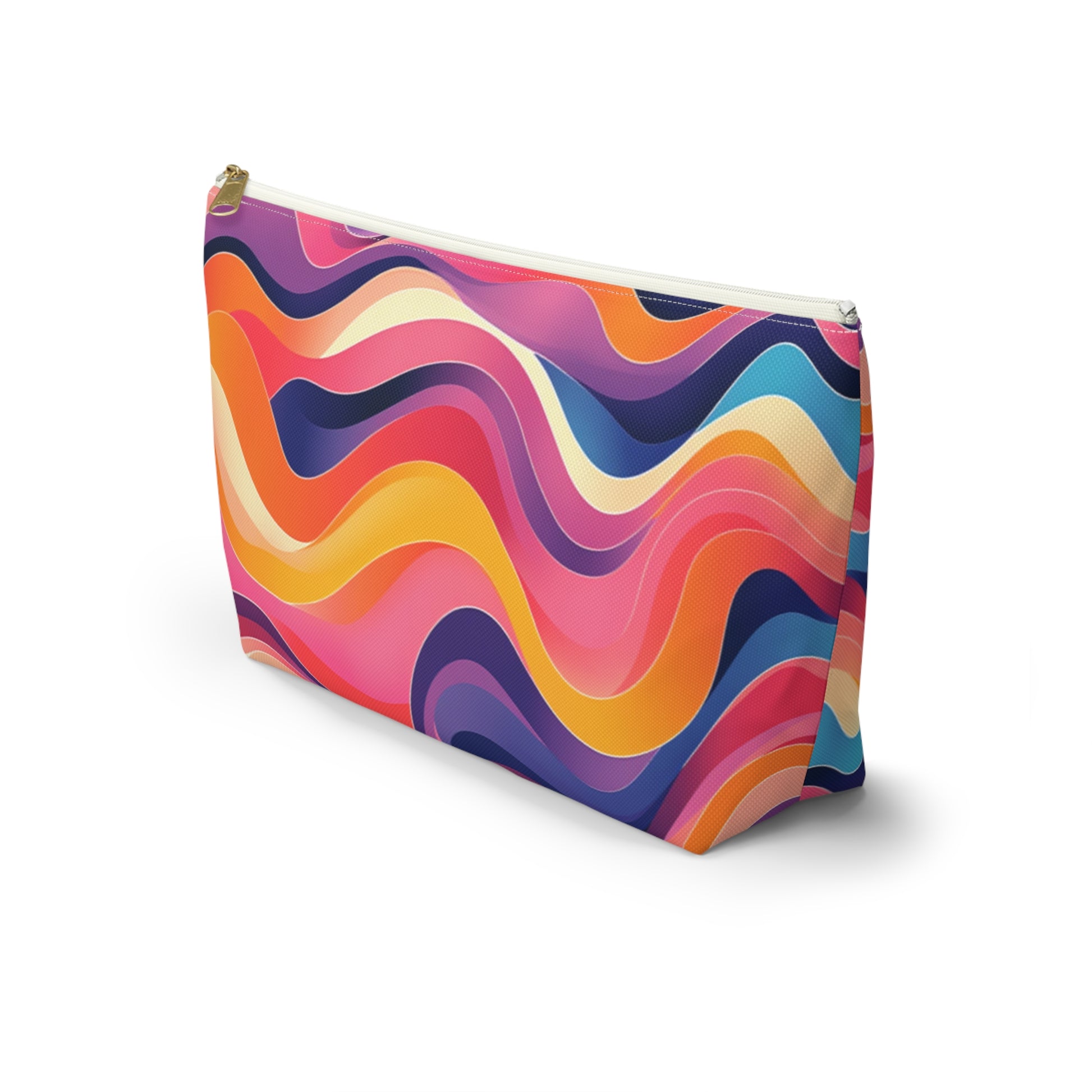 A zippered T-bottom pouch with a vibrant, wavy pattern in pink, orange, yellow, purple, and blue tones. Flowing curves and gradients create a dynamic, psychedelic effect. The pouch stands on a white surface with a slight shadow.