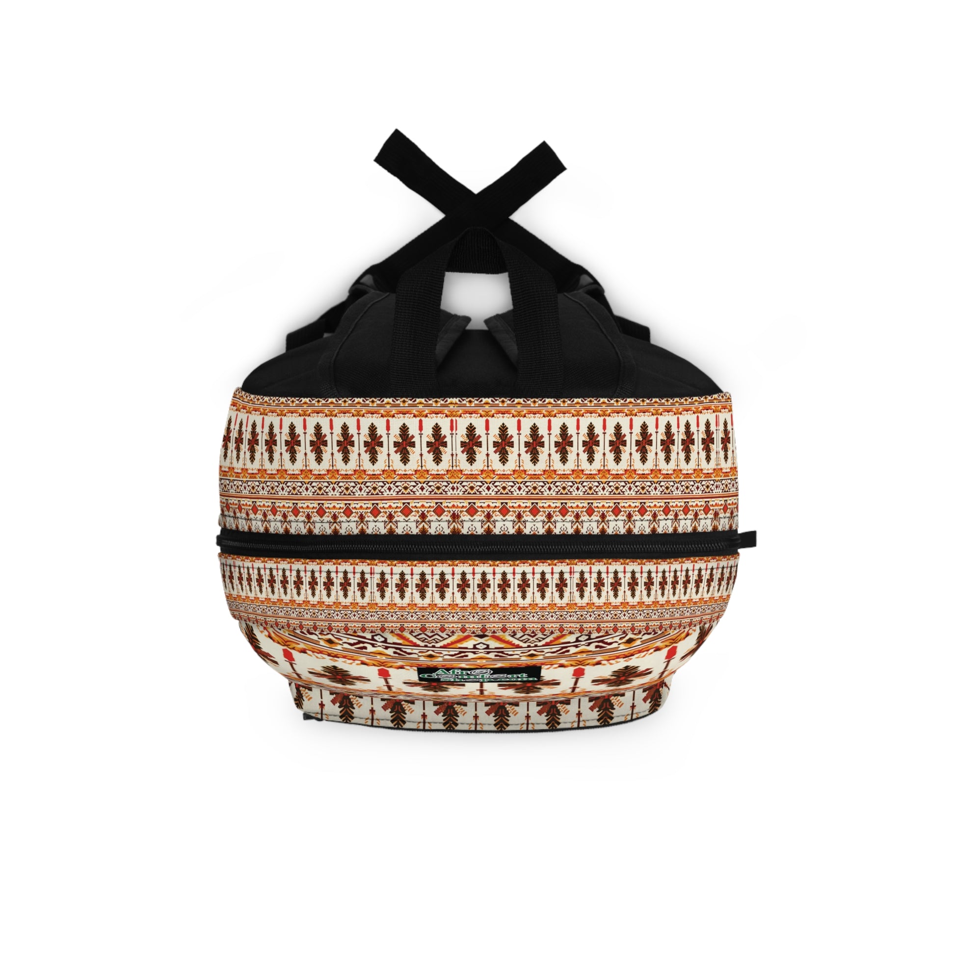 A stylish school backpack with traditional-style orange, brown, and black geometric and floral patterns on white, black top handles tied together, and black straps. This rectangular African-inspired backpack features a visible front zipper pocket.