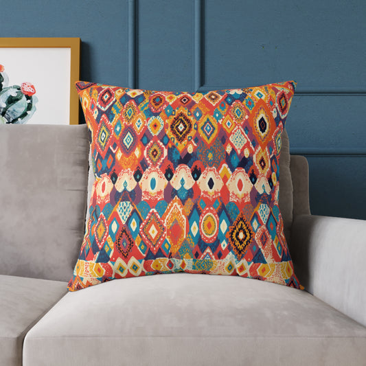 A colorful accent pillow with geometric and diamond patterns sits on a light gray couch. Behind it, a blue wall and vibrant artwork of green cactus and red flowers enhance the vibrant home decor in this modern living space.