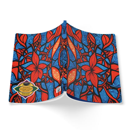 A brightly colored book cover featuring a symmetrical, abstract floral pattern with large red flowers and orange leaves on a blue background. Perfect as an African-inspired journal, it’s ideal for daily journaling or as a creative journal. Gold sticker: “CAMPRO IMPORT.”.