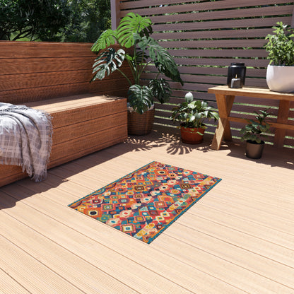 A small, colorful African-inspired geometric rug lies on a light wooden deck. The space features a wooden bench with a gray plaid blanket, potted green plants, a wooden table, a white planter, and sunlight filtering through horizontal slats.