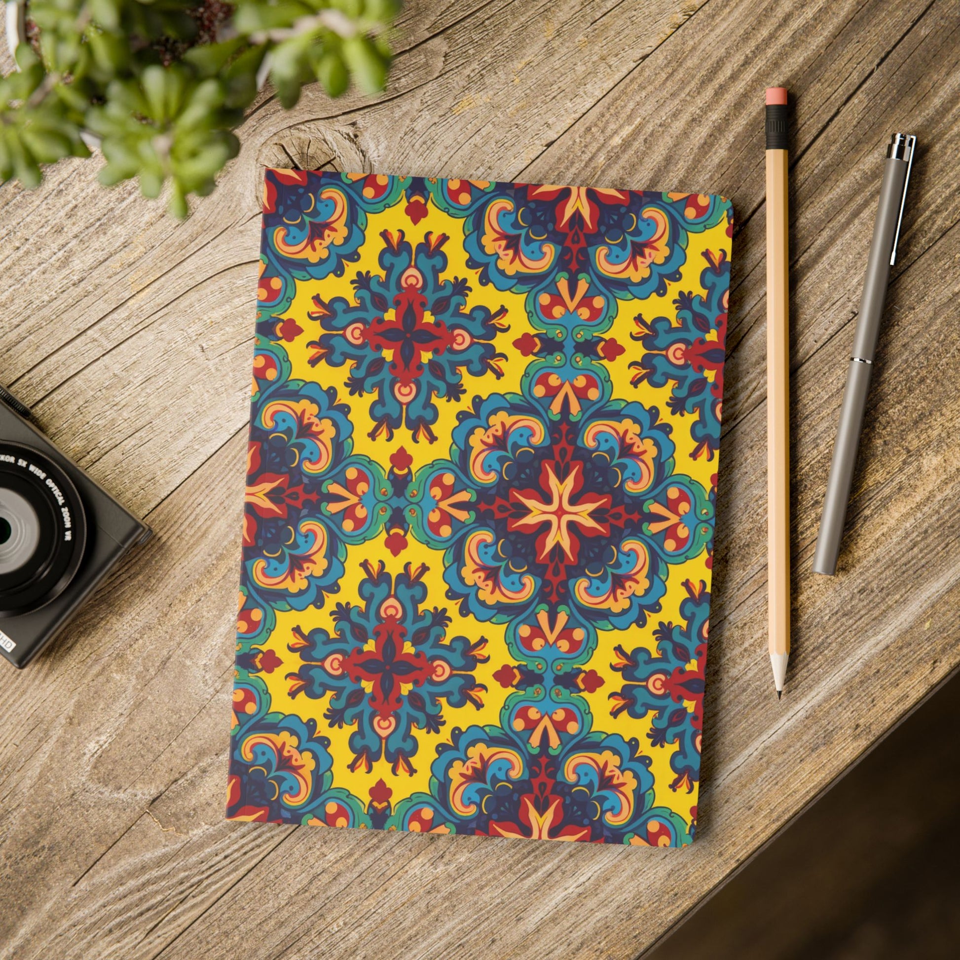 A creative notebook with a colorful, ornate geometric pattern in red, blue, and yellow lies on a wooden table. Perfect for daily journaling, it’s surrounded by a pencil, pen, camera, and a green potted plant in this cozy workspace scene.