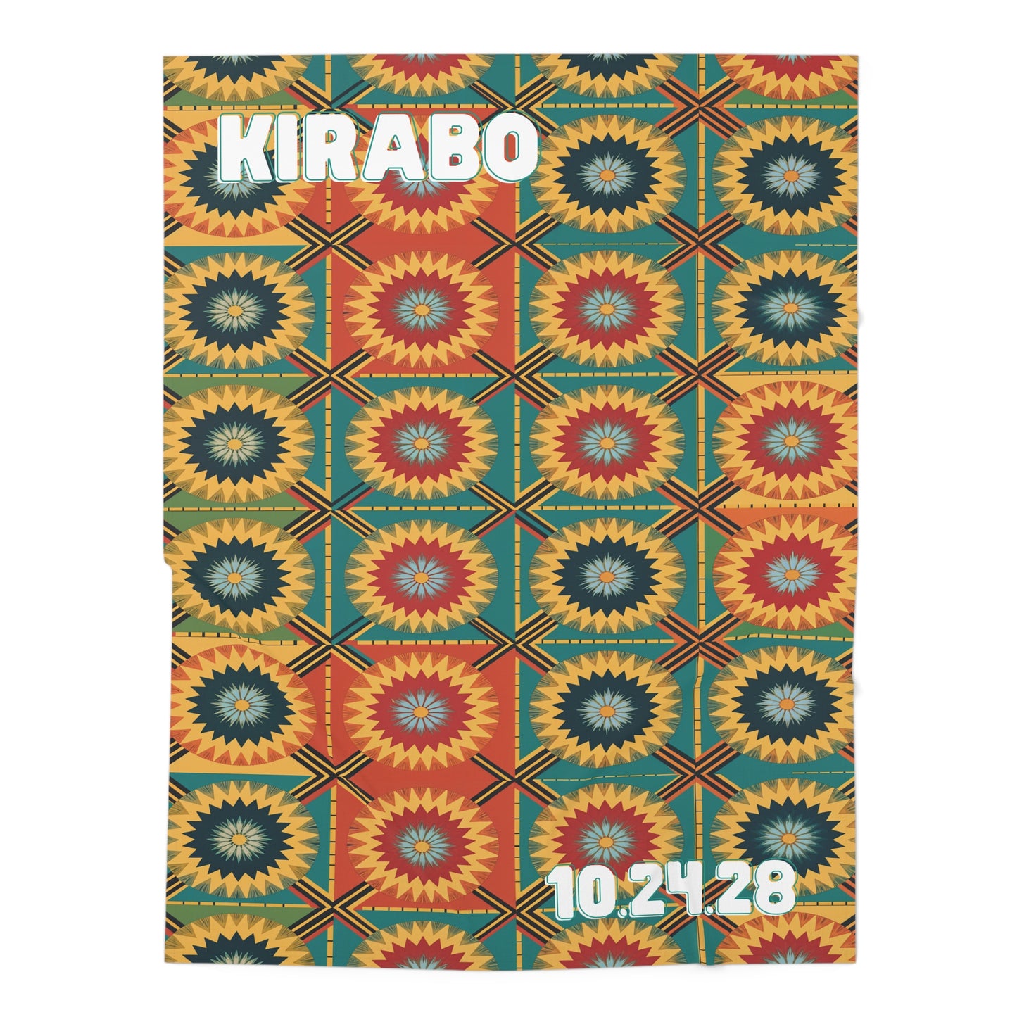 A vibrant quilt-like pattern with starburst shapes in red, yellow, teal, and dark blue. Large white text at the top says KIRABO and at the bottom says 10.24.28. The design evokes African-inspired decor with a lively, geometric, traditional textile vibe.