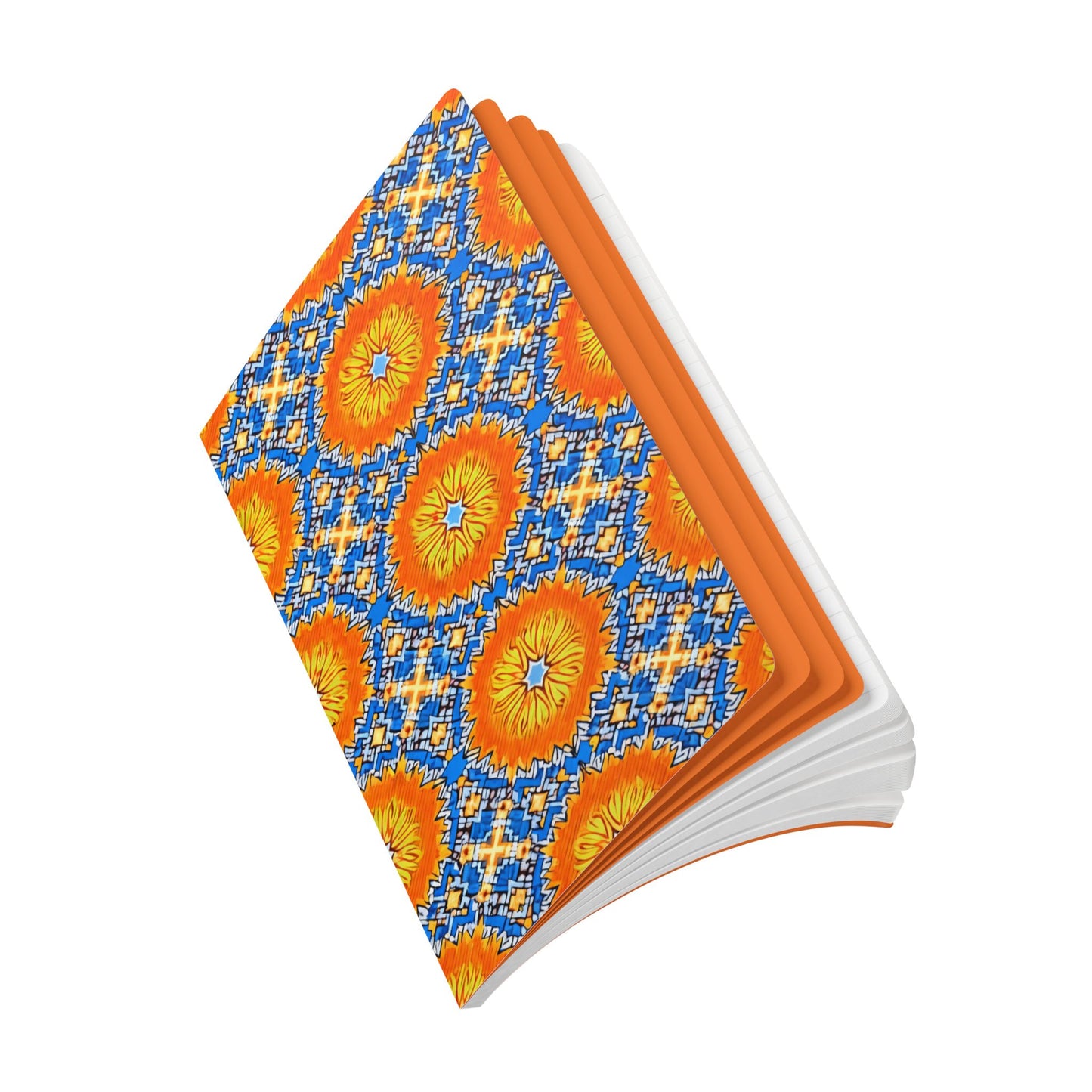 An open African-inspired journal is shown with an orange spine and white pages. The cover features bright, intricate blue, yellow, and orange geometric designs resembling flowers or stars. The notebook is angled on a white background.