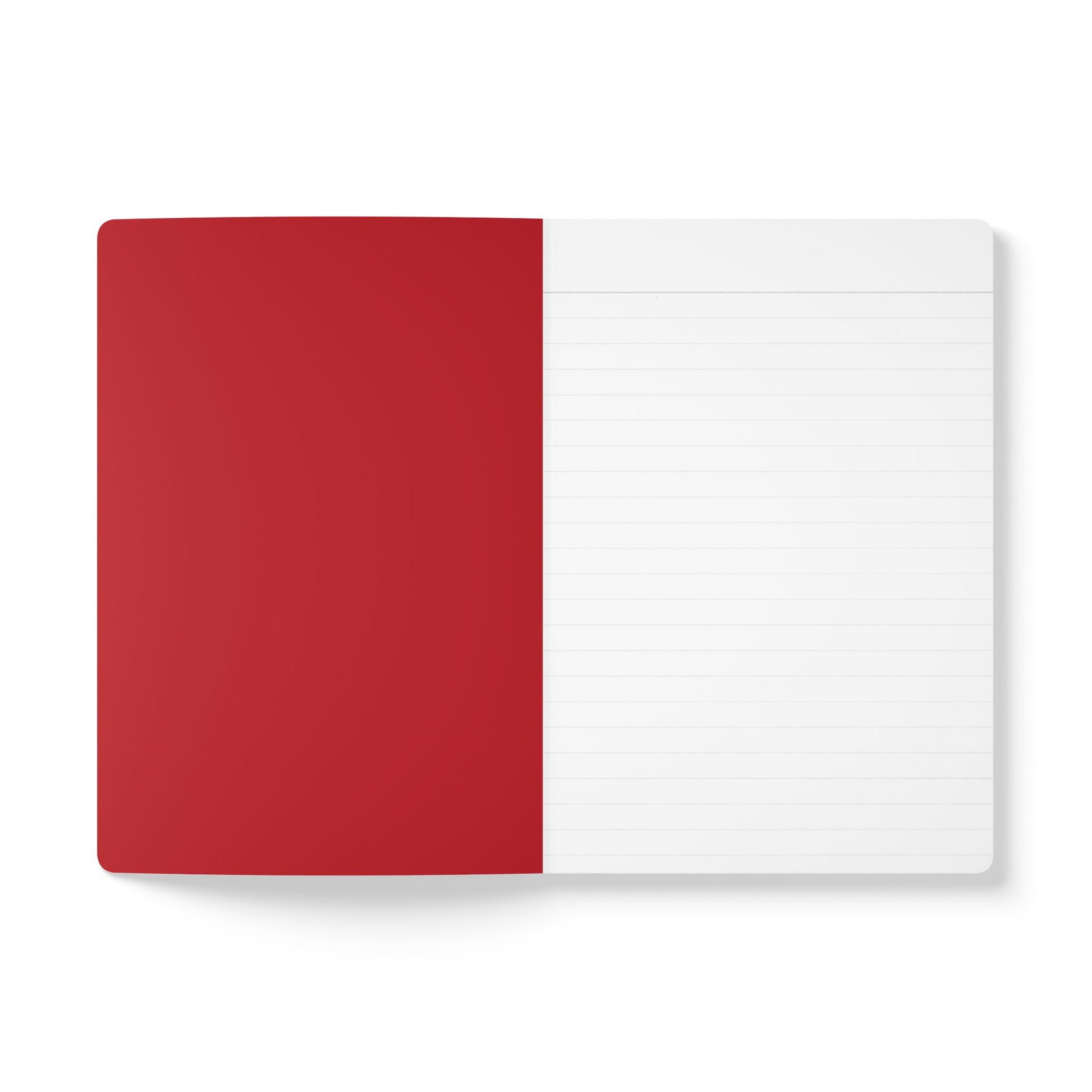 An open creative journal lies flat on a white surface. The left side shows a solid red inner cover, while the right displays a lined white page. The lines are evenly spaced, creating a clean, minimalistic look perfect for daily journaling.