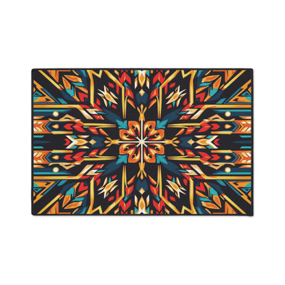 A rectangular, African-inspired rug features a symmetrical, kaleidoscopic geometric pattern in vibrant orange, yellow, red, blue, and teal on black. The design radiates boldly from the center for a dynamic look—perfect as custom floor mats.