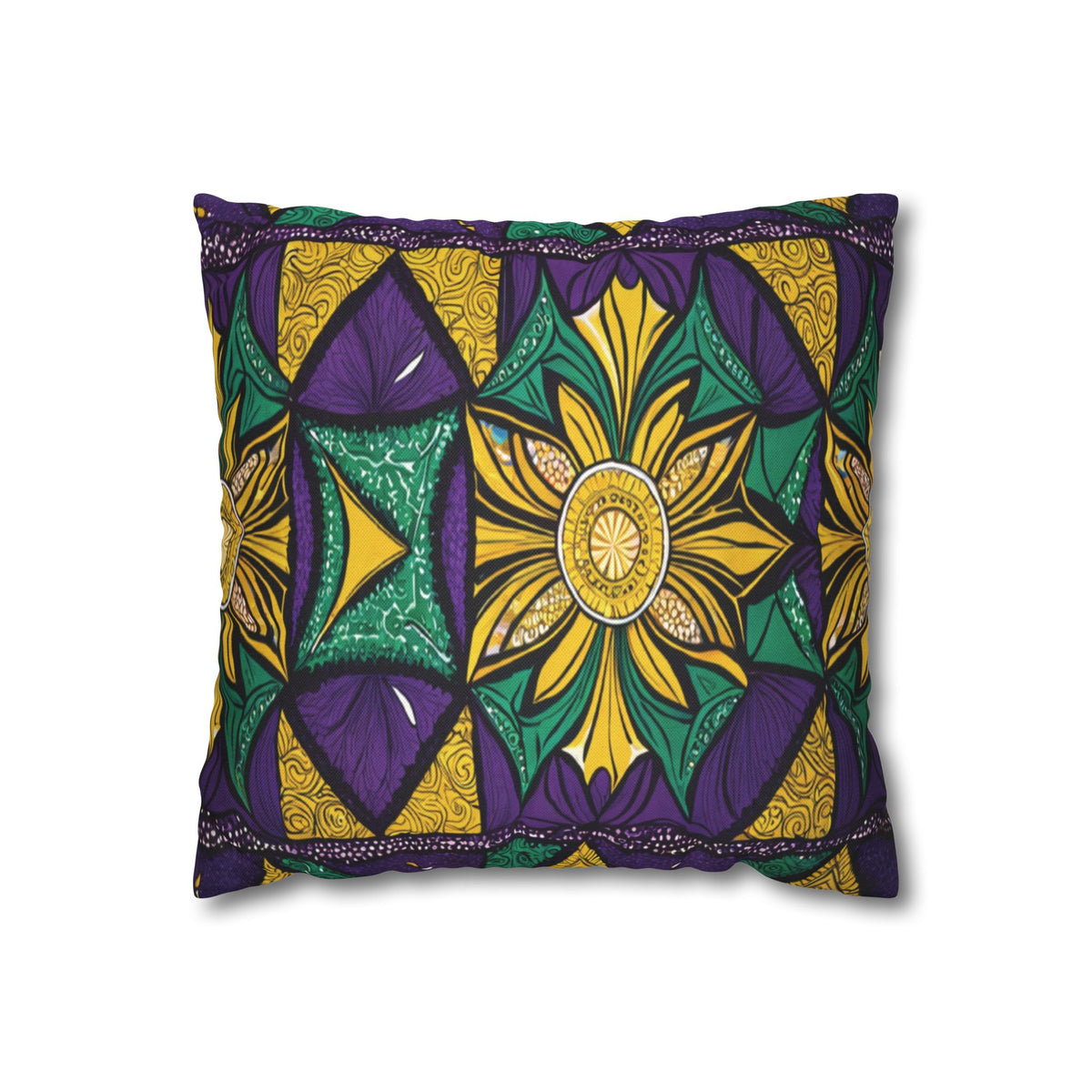 Rectangular pillow with vibrant African-inspired patterns featuring yellow, green, and purple geometric and floral designs. The central motif is a large yellow flower with intricate detailing, surrounded by symmetrical shapes and swirling patterns on white.
