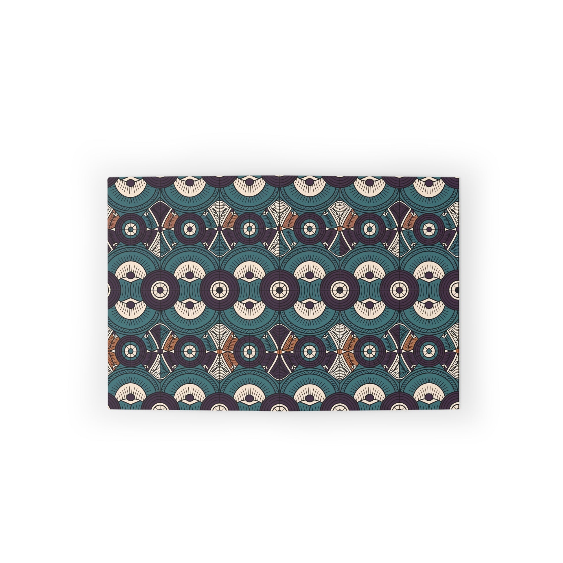 Rectangular mat featuring a culturally inspired design with repeating geometric patterns—circles, arcs, and star shapes in navy blue, cream, maroon, and brown. The symmetrical layout creates a visually striking, rhythmic look on a white background.