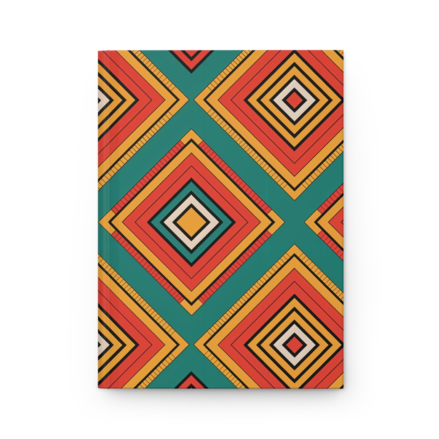 A hardcover notebook with a geometric cover design featuring large diamond shapes in vibrant red, orange, yellow, teal, black, and white. The layered borders create a striking geometric pattern journal on a teal background against a white backdrop.