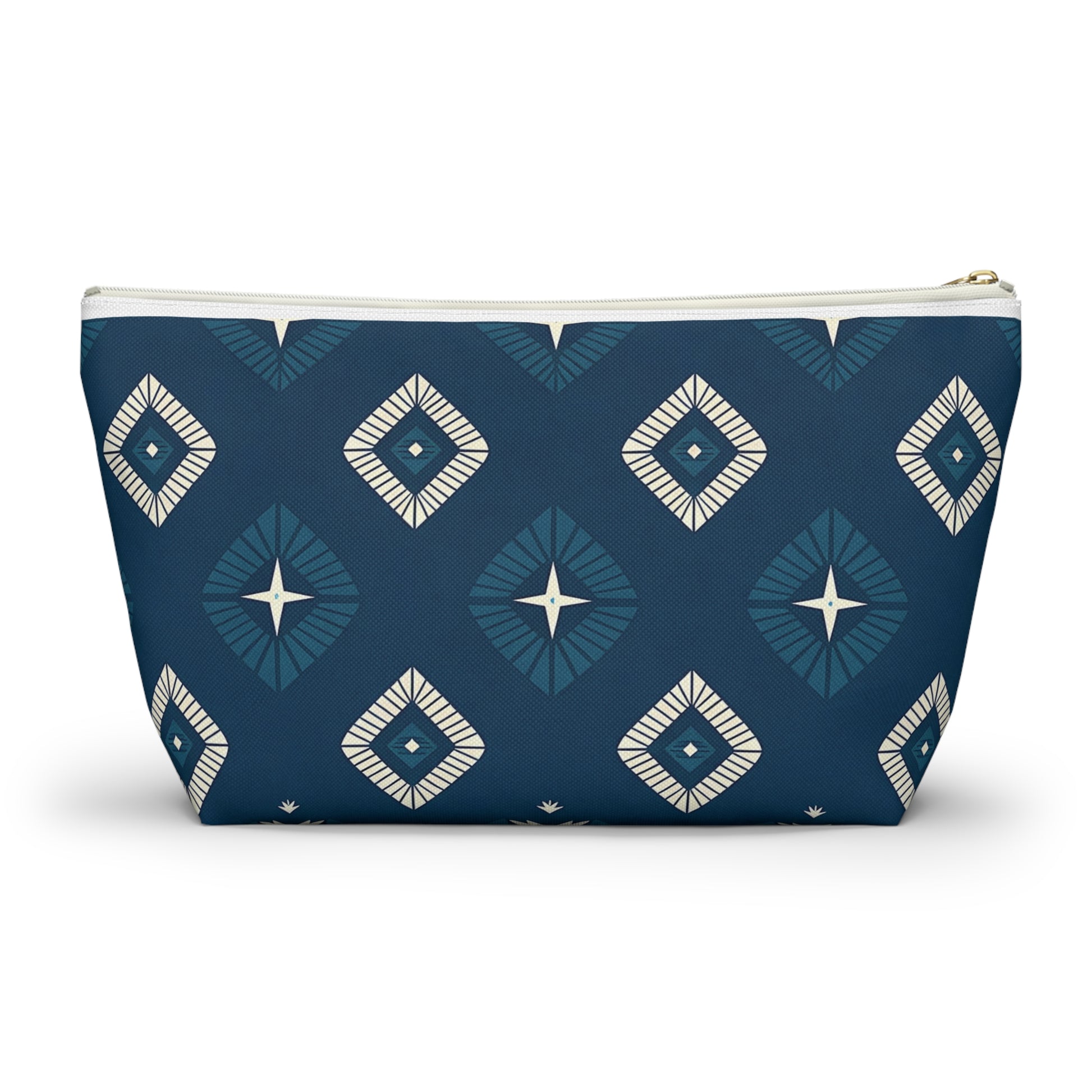 A modern, symmetrical T-bottom pouch featuring African-inspired patterns of cream and blue diamonds on a dark blue background. This cosmetic travel bag has a gold zipper and flat base, allowing it to stand upright stylishly.