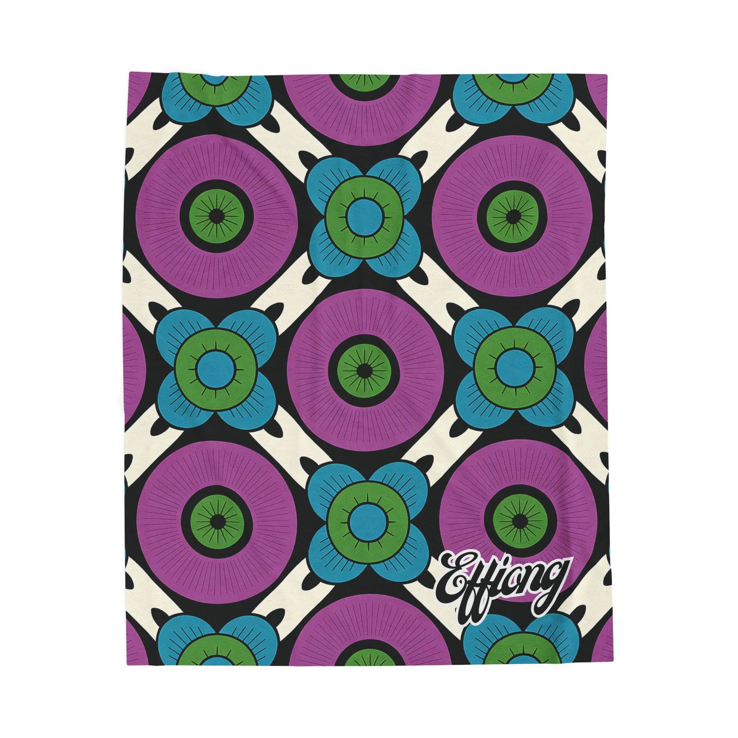 A vibrant, geometric African-inspired blanket featuring large purple circles with blue and green floral shapes on a cream background. Black diagonal lines add contrast, while Effiong appears in bold script—perfect as a personalized velveteen blanket.