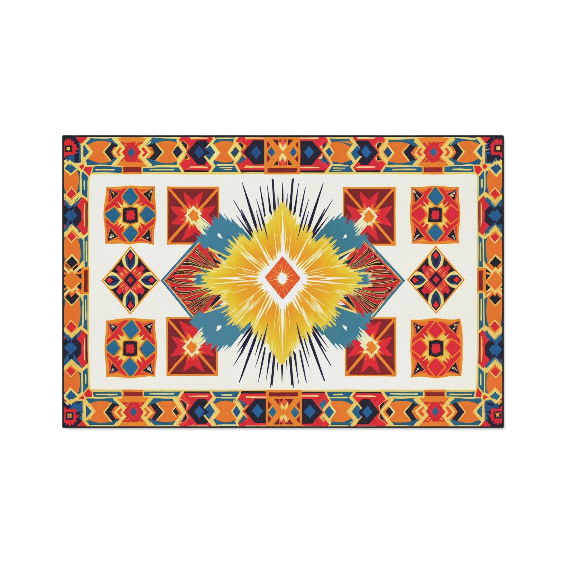 A rectangular rug with a vibrant Native-inspired geometric pattern and non-slip rubber backing. The central yellow diamond is surrounded by red, blue, and orange shapes, plus intricate borders of triangles and diamonds on a white background.