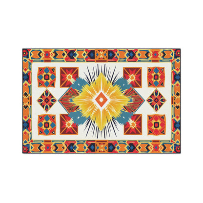 A rectangular rug with a vibrant Native-inspired geometric pattern and non-slip rubber backing. The central yellow diamond is surrounded by red, blue, and orange shapes, plus intricate borders of triangles and diamonds on a white background.