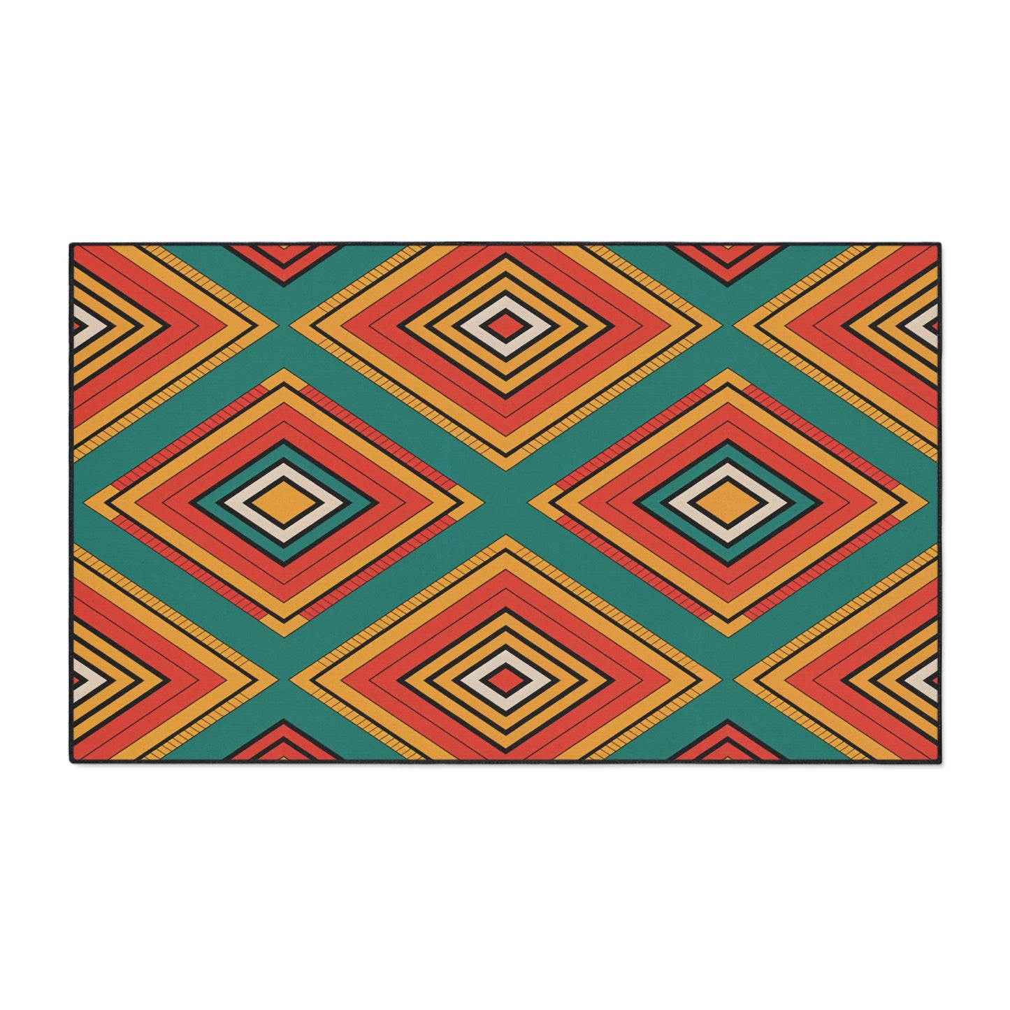 A rectangular rug features a bold geometric pattern of overlapping diamond shapes in red, orange, yellow, and teal, drawing on African-inspired aesthetics. The symmetrical design creates a vibrant, eye-catching look with depth and movement.