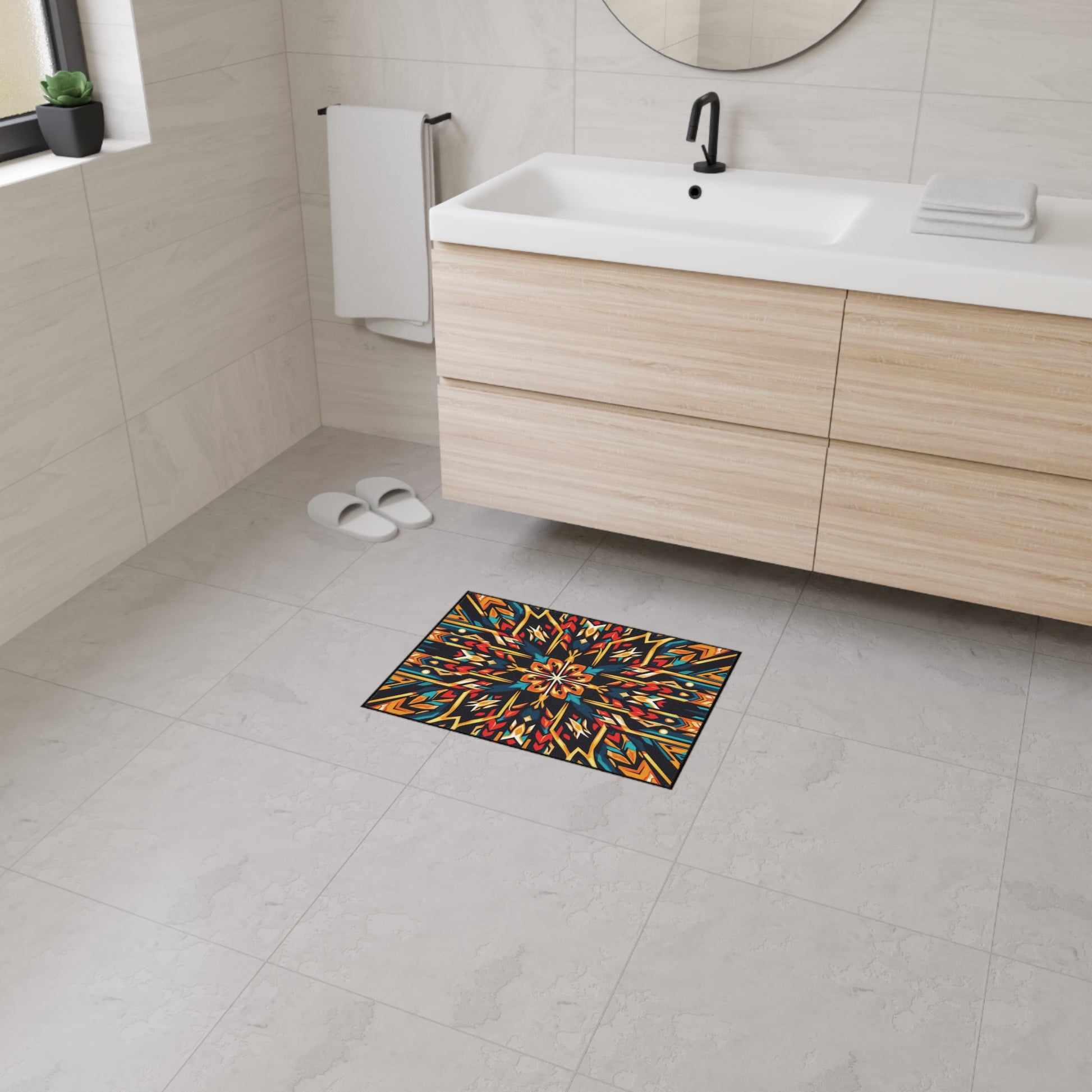 A modern, light-colored bathroom with a floating wood vanity, white countertop, round mirror, towel, slippers, and a bright, African-inspired non-slip geometric bath mat on the gray tiled floor. Natural light enters from a window on the left.