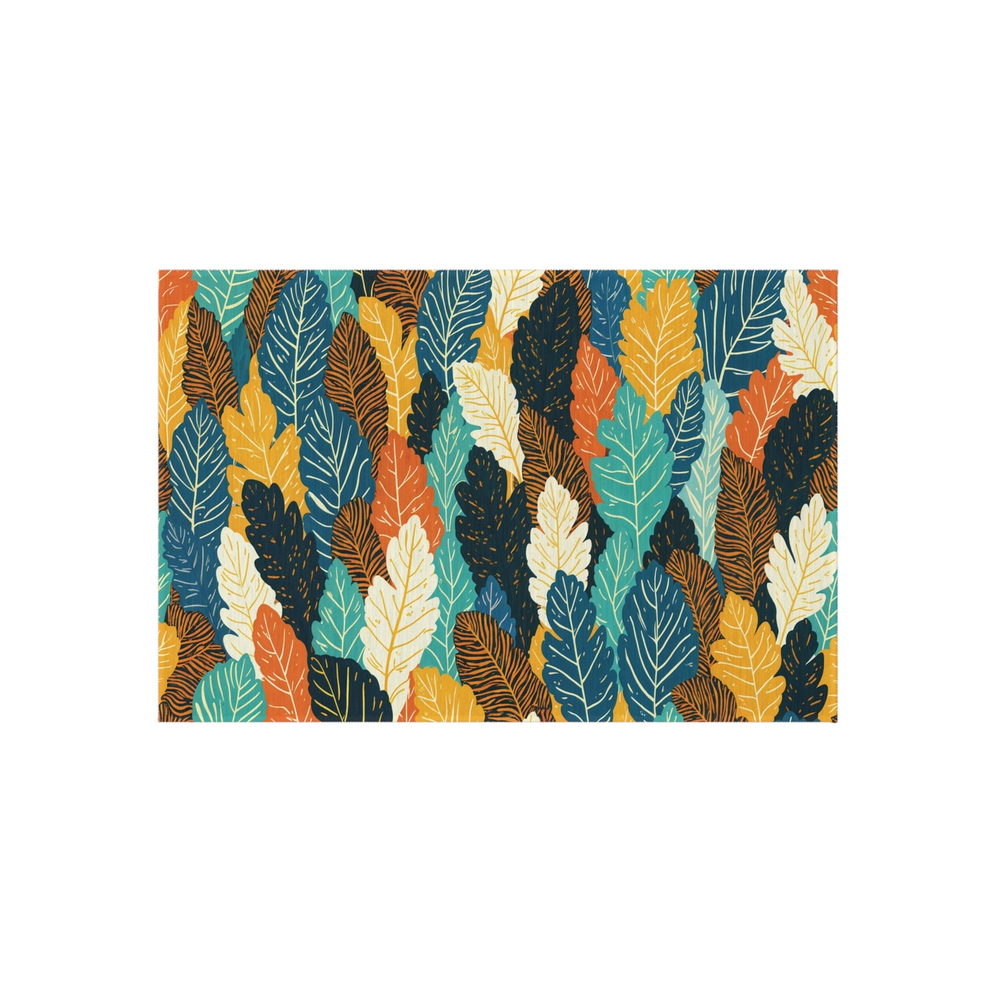 A colorful, seamless pattern of overlapping leaves in shades of teal, mustard yellow, orange, navy blue, and cream. Each leaf is outlined with fine lines, creating a dense and vibrant African-inspired botanical design on a white background.