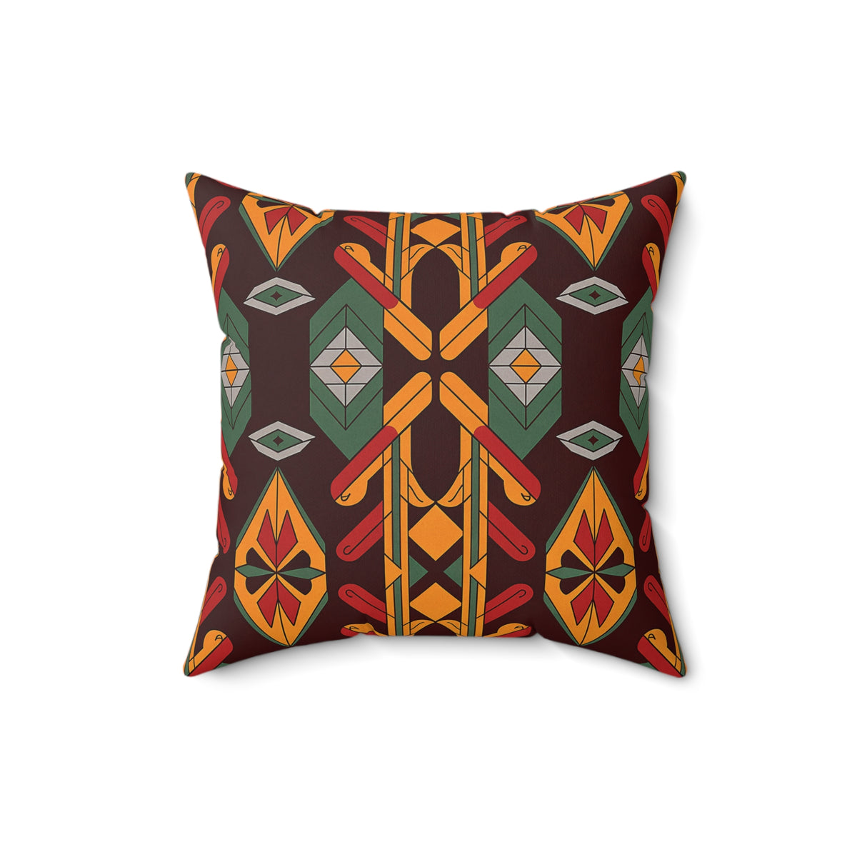 A square accent pillow with a bold geometric pattern in red, orange, yellow, green, and black. The symmetrical design features diamond and chevron shapes, central arrows, and eye motifs on a deep maroon background—perfect as an African design pillow.
