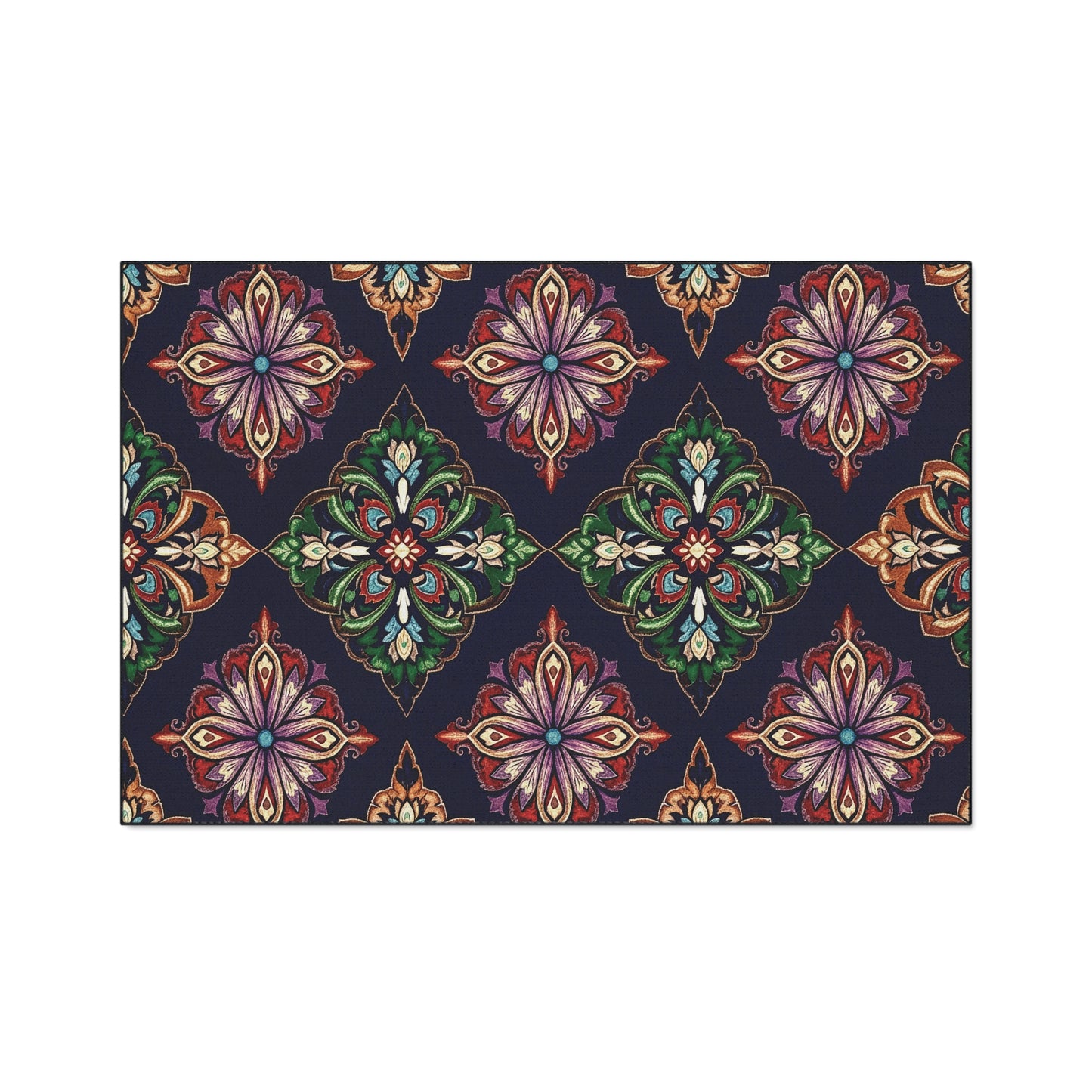 A rectangular rug with a dark background features a repeating pattern of ornate, symmetrical floral medallions in rich colors. This African-inspired design is intricate and decorative, giving a classic, elegant look to custom floor mats.