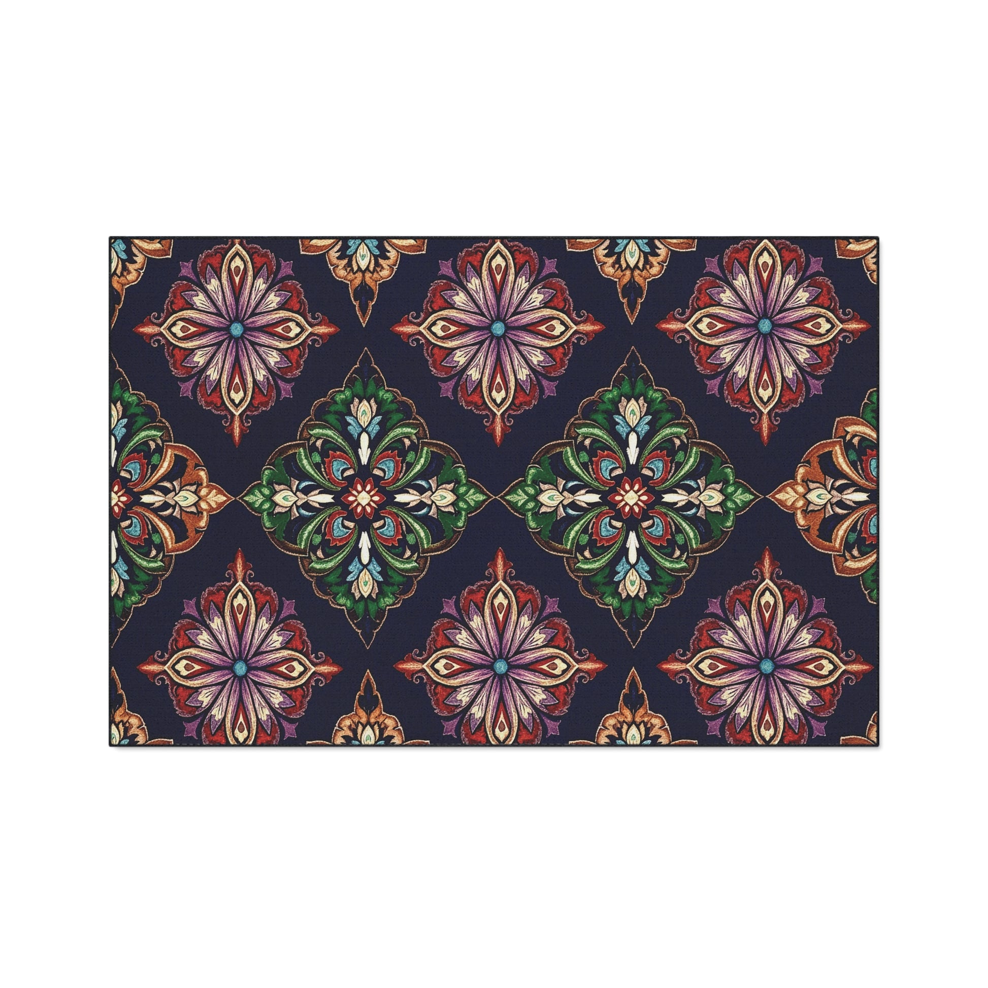 A rectangular rug with a dark background features a repeating pattern of ornate, symmetrical floral medallions in rich colors. This African-inspired design is intricate and decorative, giving a classic, elegant look to custom floor mats.