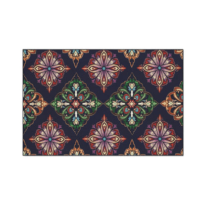 A rectangular rug with a dark background features a repeating pattern of ornate, symmetrical floral medallions in rich colors. This African-inspired design is intricate and decorative, giving a classic, elegant look to custom floor mats.