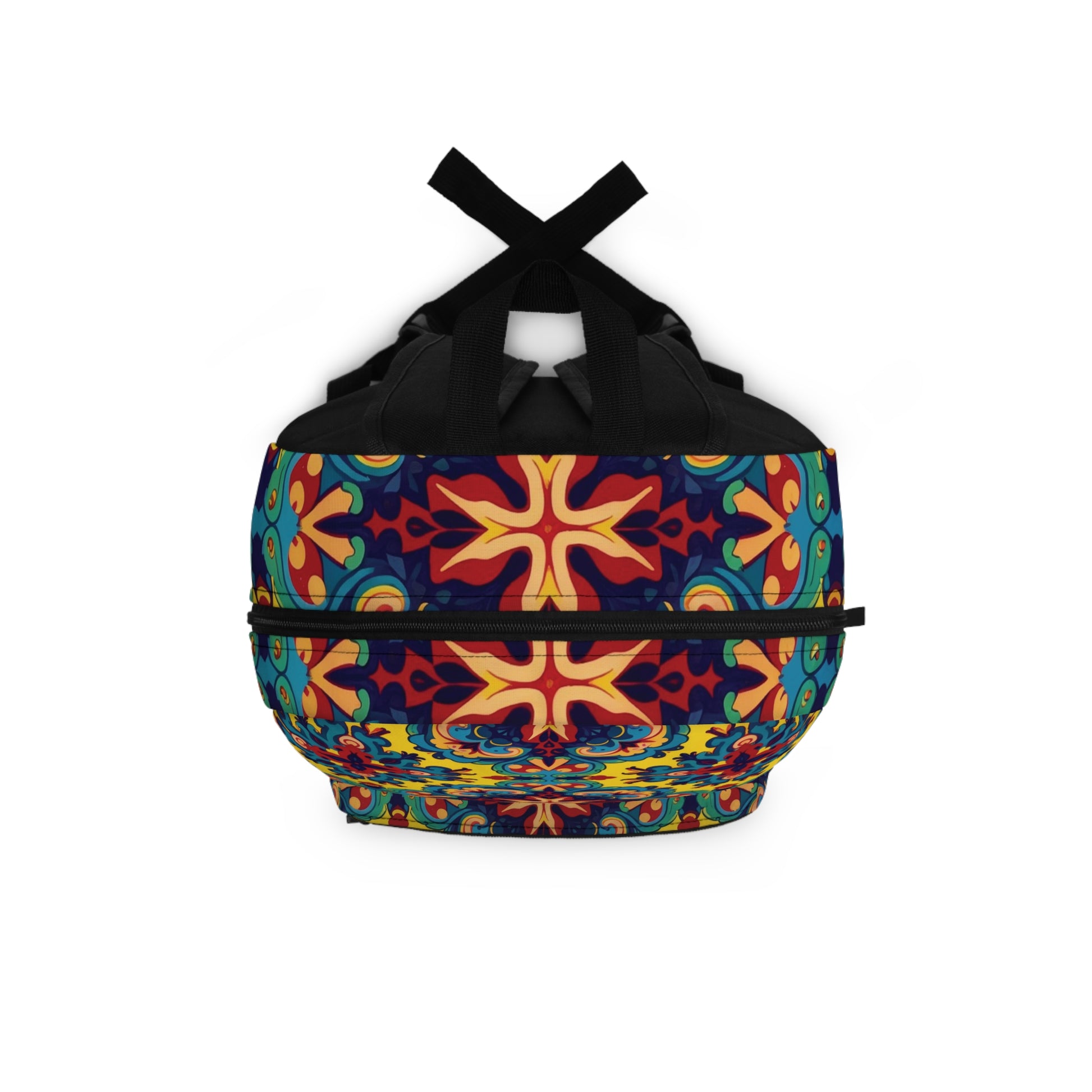 A colorful duffel bag with black handles features a vibrant, symmetrical pattern in red, yellow, blue, green, and orange tones. Its swirling motifs and bold geometric shapes give this African-inspired backpack an artistic, kaleidoscopic appearance.