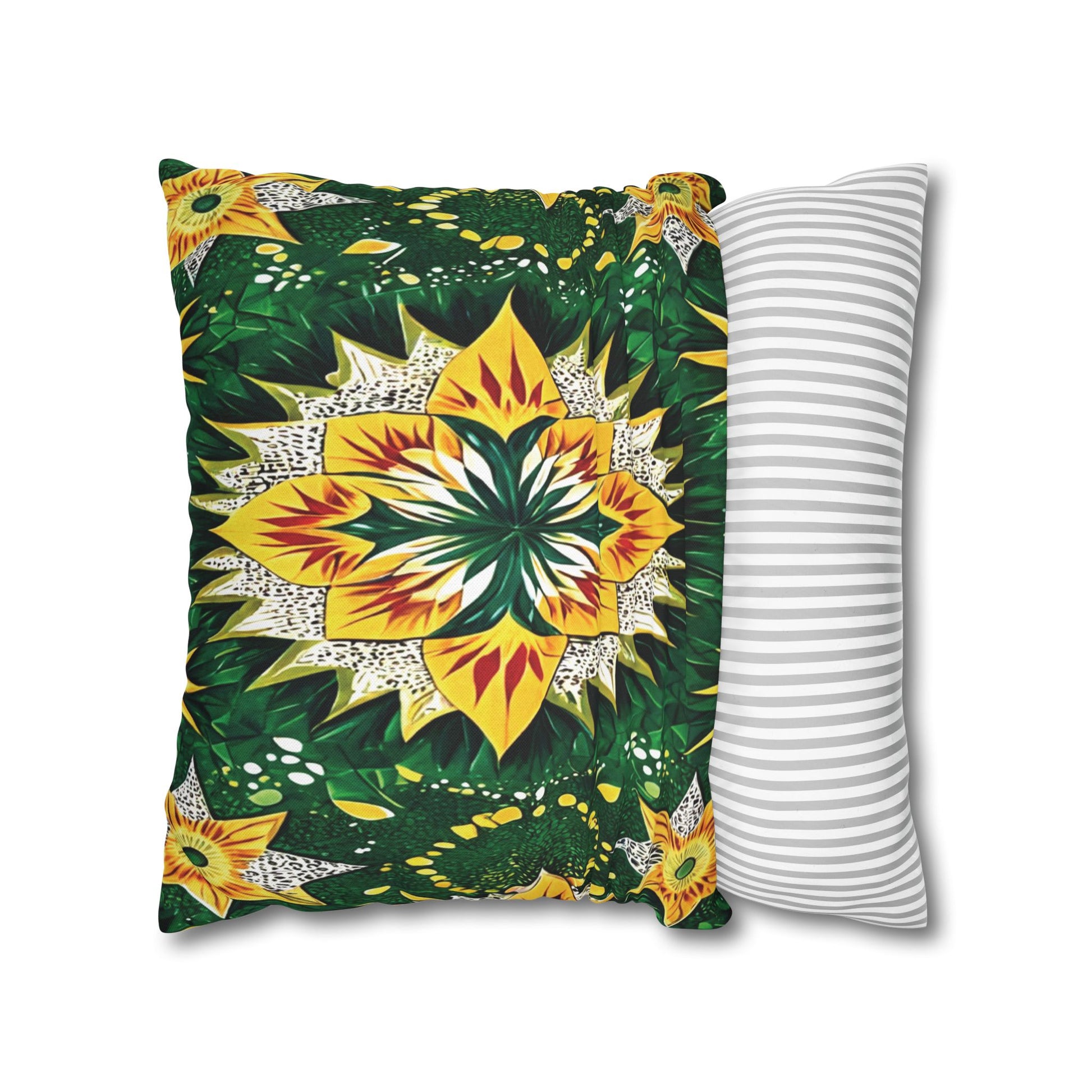Two pillows are shown: one with vibrant African-inspired patterns in yellow, green, and white, featuring starburst and leaf shapes; the other has a simple design of gray horizontal stripes. Both vibrant pillowcases rest on a white surface.