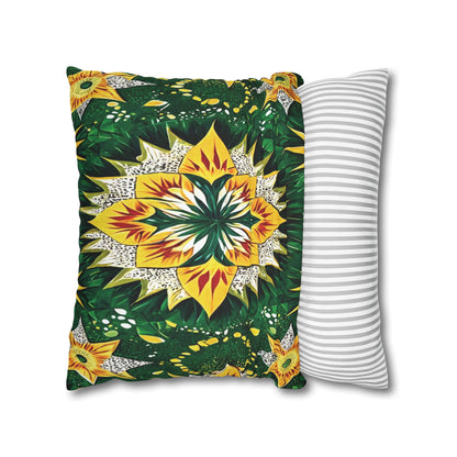 Two pillows are shown: one with vibrant African-inspired patterns in yellow, green, and white, featuring starburst and leaf shapes; the other has a simple design of gray horizontal stripes. Both vibrant pillowcases rest on a white surface.