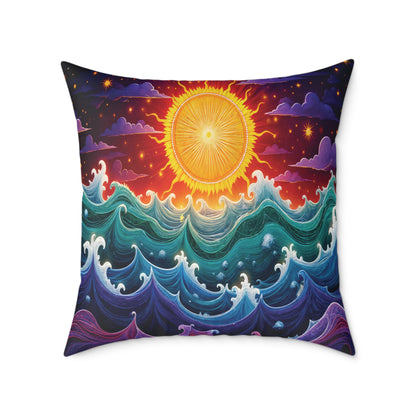 A colorful accent pillow featuring an artistic design of a radiant sun above swirling, vibrant ocean waves, set against a vivid sky in purple, orange, and blue, dotted with stars and wispy clouds—perfect for vibrant home decor.