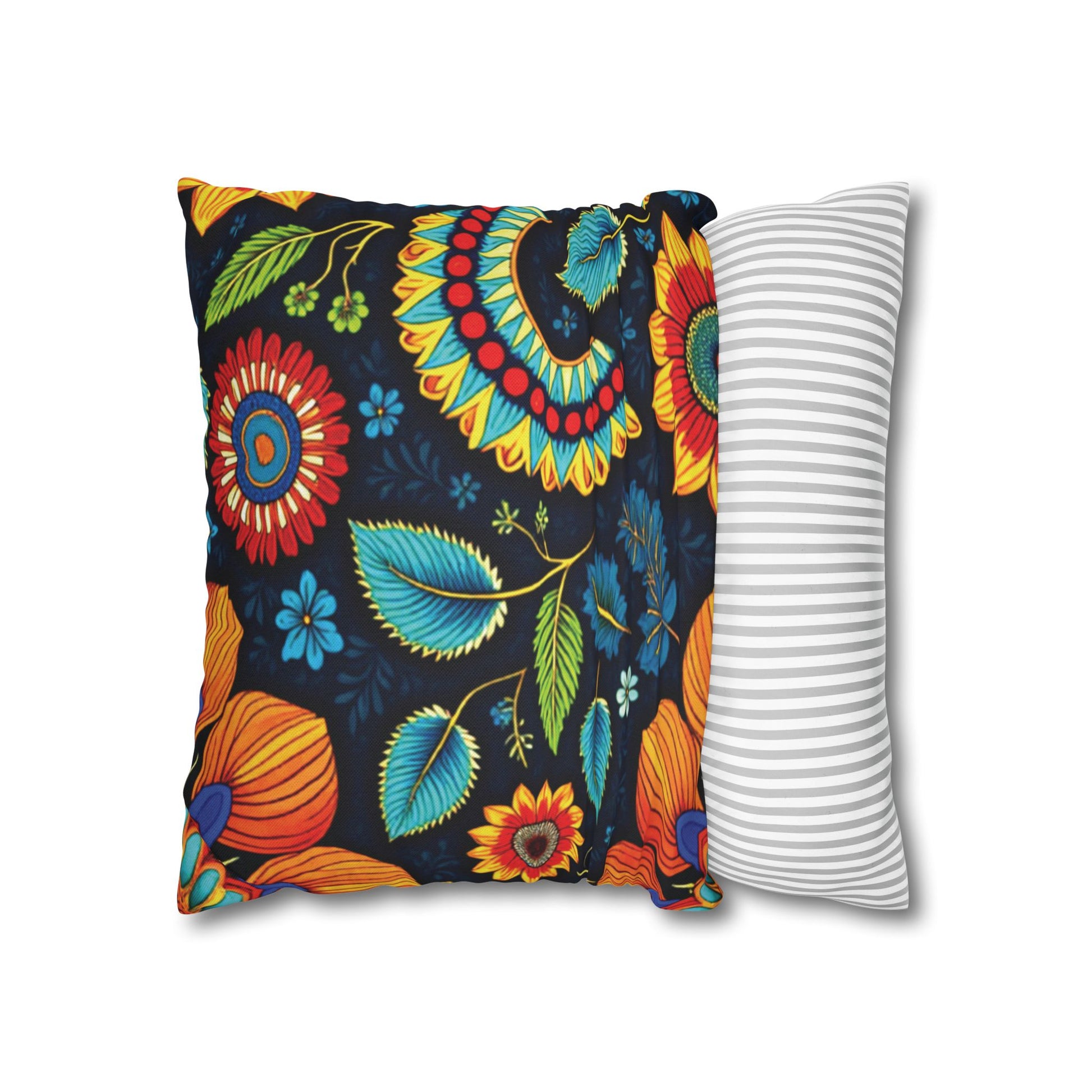 Two square pillows: one with African-inspired vibrant pillowcases featuring a bold, colorful floral pattern on black, the other with a simple gray and white stripe design—both striking accents against a white background.