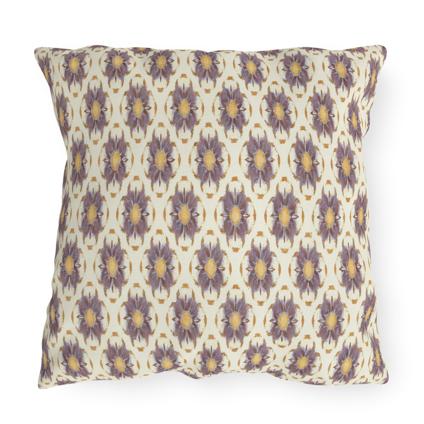 A square outdoor pillow with a repeating floral pattern of purple flowers, yellow centers, and golden leaves on a cream background. UV-resistant and water-resistant, this plush cushion features slightly rounded, soft corners for extra comfort.