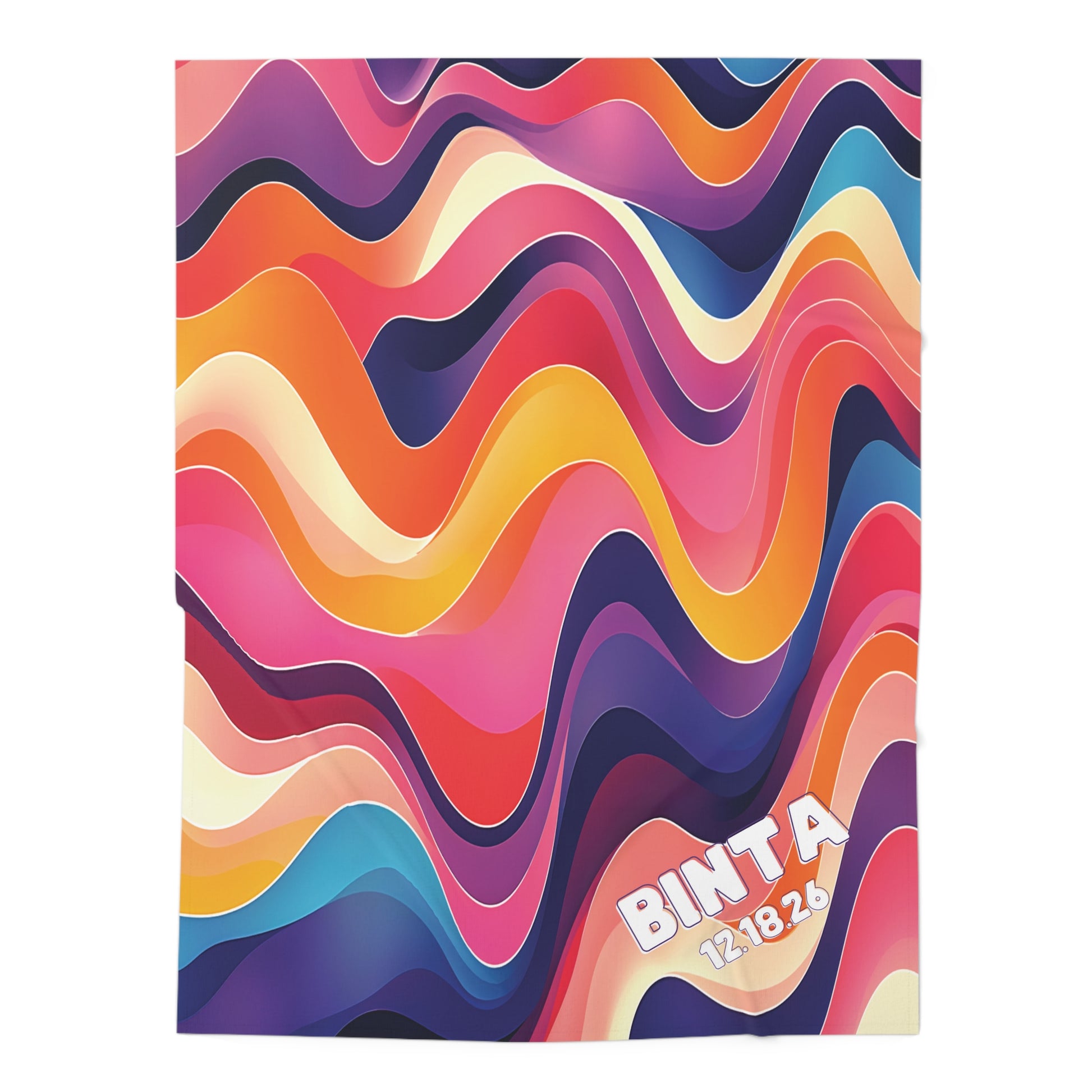 A colorful abstract poster with bold, wavy lines in shades of orange, red, purple, pink, blue, and cream adds an African-inspired decor touch. In the bottom right corner, BINTA 12.18.26 is displayed in white with a slight drop shadow effect.