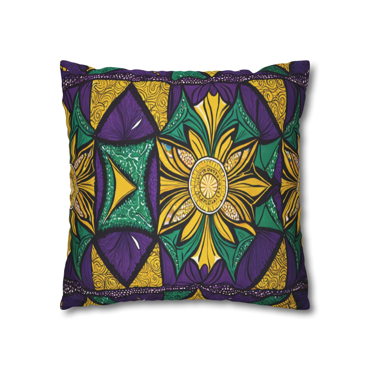 A rectangular pillow with an intricate geometric and floral pattern inspired by African patterns in yellow, green, and purple. The design features symmetrical shapes, swirling lines, and a central yellow flower on a vibrant pillowcase.