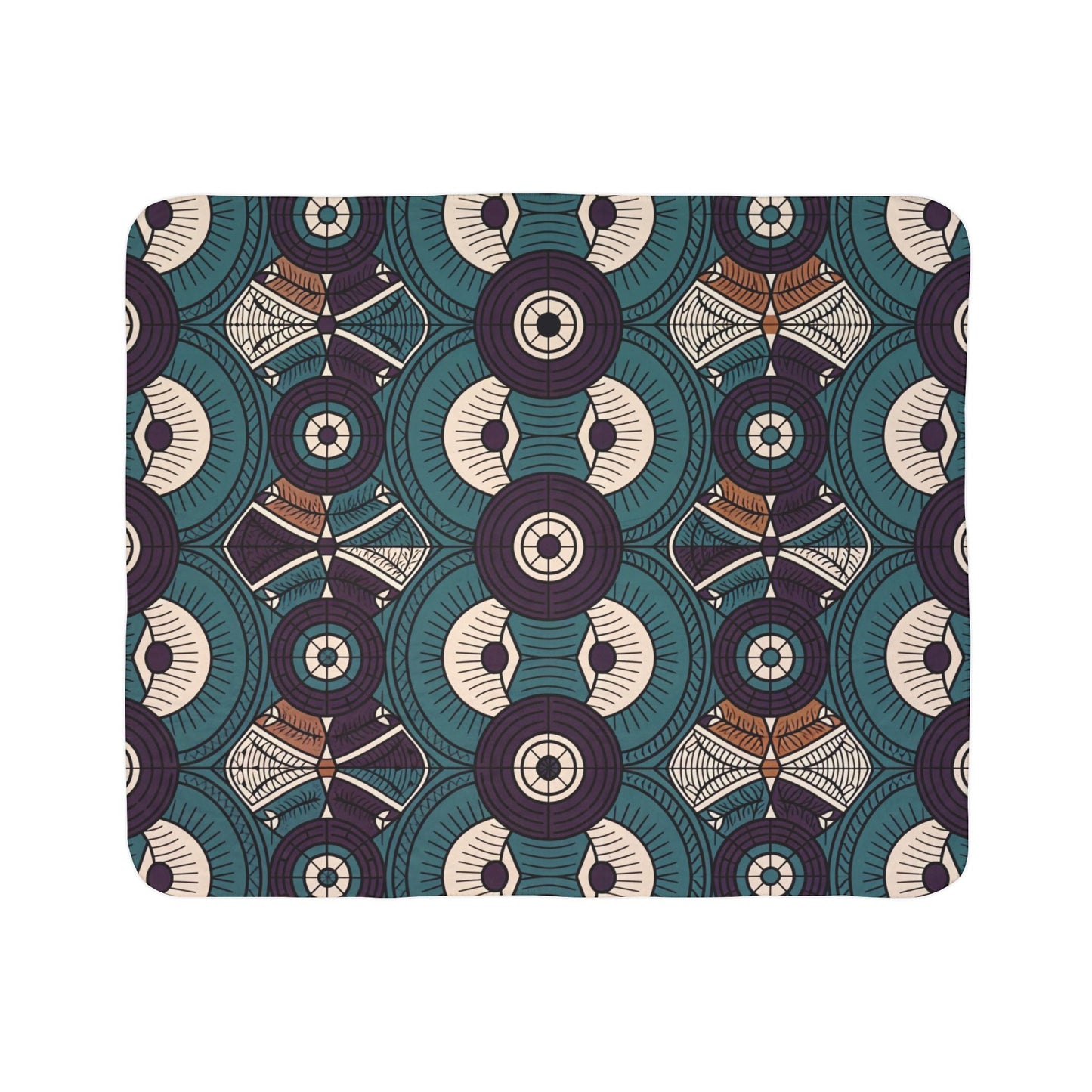 A geometric pattern featuring circular shapes with radiating lines, stylized eyes, and diamond-like motifs. Inspired by African-inspired fleece blankets, this design uses teal, cream, brown, and dark purple for visually intricate cozy home decor.