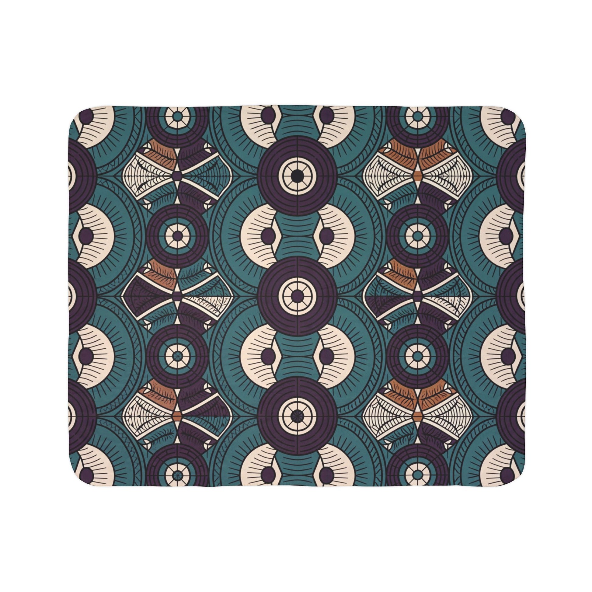 A geometric pattern featuring circular shapes with radiating lines, stylized eyes, and diamond-like motifs. Inspired by African-inspired fleece blankets, this design uses teal, cream, brown, and dark purple for visually intricate cozy home decor.
