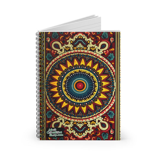 A premium writing notebook featuring a vibrant, intricate mandala in yellow, red, blue, and green tones. This African-inspired spiral notebook has “The Confident Stepmom” printed in white at the bottom left corner.