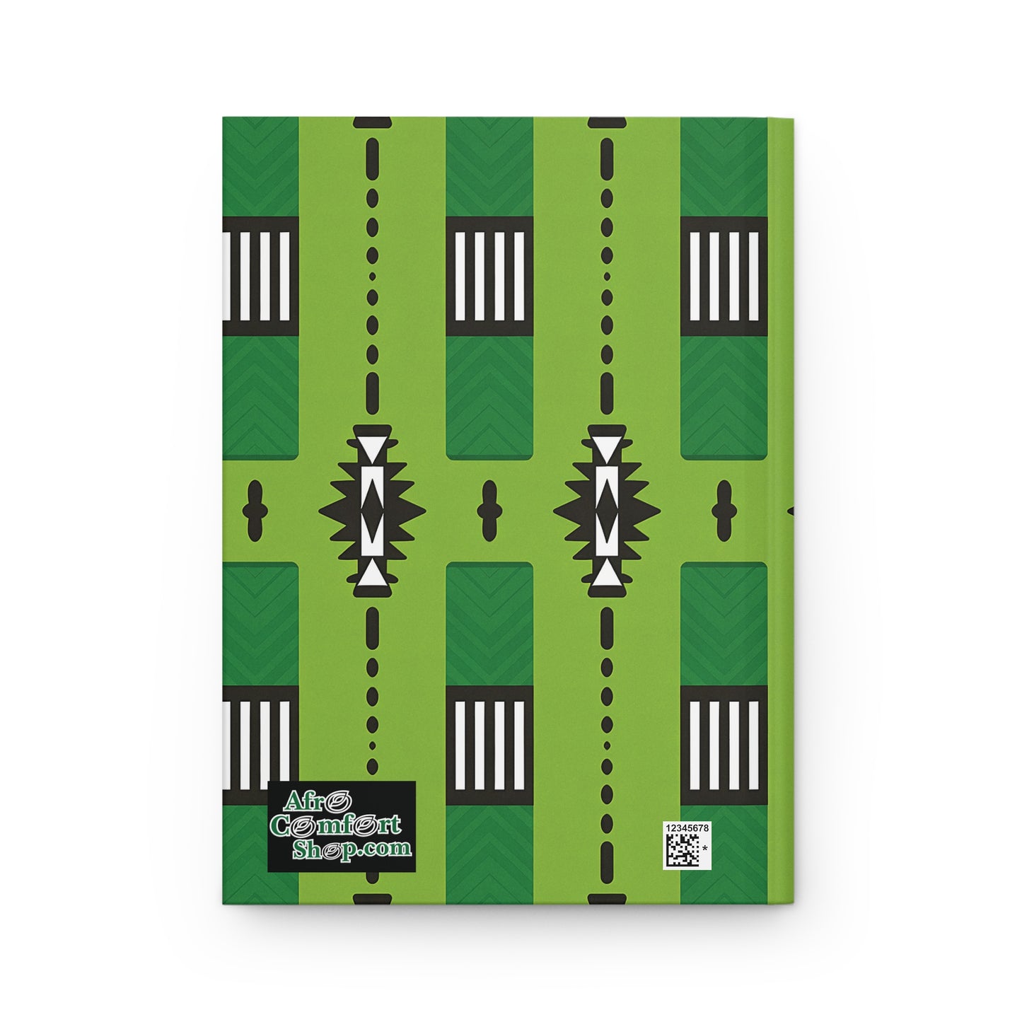 A hardcover African inspired notebook with a bold geometric pattern in black, white, and dark green. The AfroComiArtShop.com logo appears in the lower left corner, with a QR code nearby on the right. The background is white.