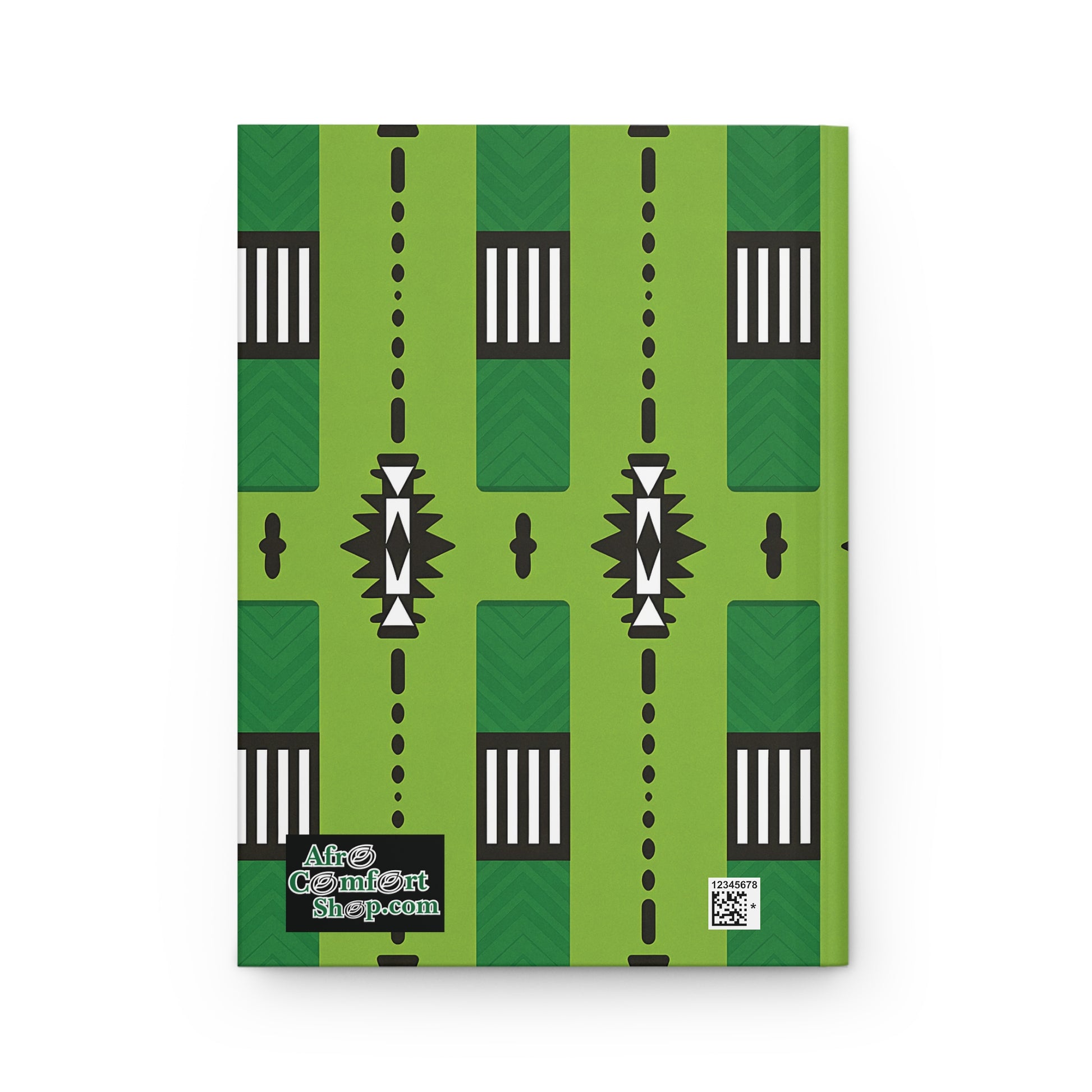 A hardcover African inspired notebook with a bold geometric pattern in black, white, and dark green. The AfroComiArtShop.com logo appears in the lower left corner, with a QR code nearby on the right. The background is white.