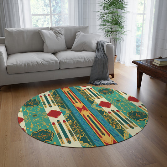 A round rug with an African-inspired colorful geometric and floral pattern lies on a wooden floor in a bright living room. A light gray sofa with white cushions and a gray throw sits nearby, with a wooden table and green potted plant in the background.