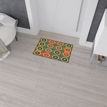 A small rectangular mat with African-inspired aesthetics and a colorful geometric pattern featuring red, yellow, green, and blue circles and starbursts lies on a light wood floor in a modern hallway near a white bench and shoe storage.