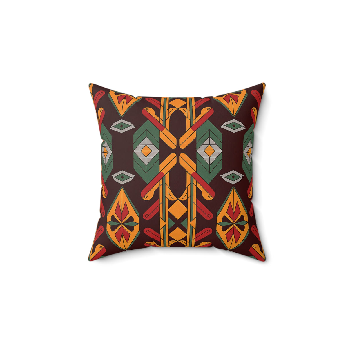 A square faux suede pillow featuring a geometric, tribal-inspired pattern in orange, yellow, green, and red on a dark brown background. The symmetrical design adds an African accent pillow vibe with bold diamond and arrow shapes.