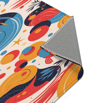 A close-up of a colorful fabric with an abstract pattern in red, yellow, blue, and black swirls. One corner is folded, revealing a gray underside with white zigzag stitching. The print evokes African design rugs—perfect for stylish home decor enthusiasts.