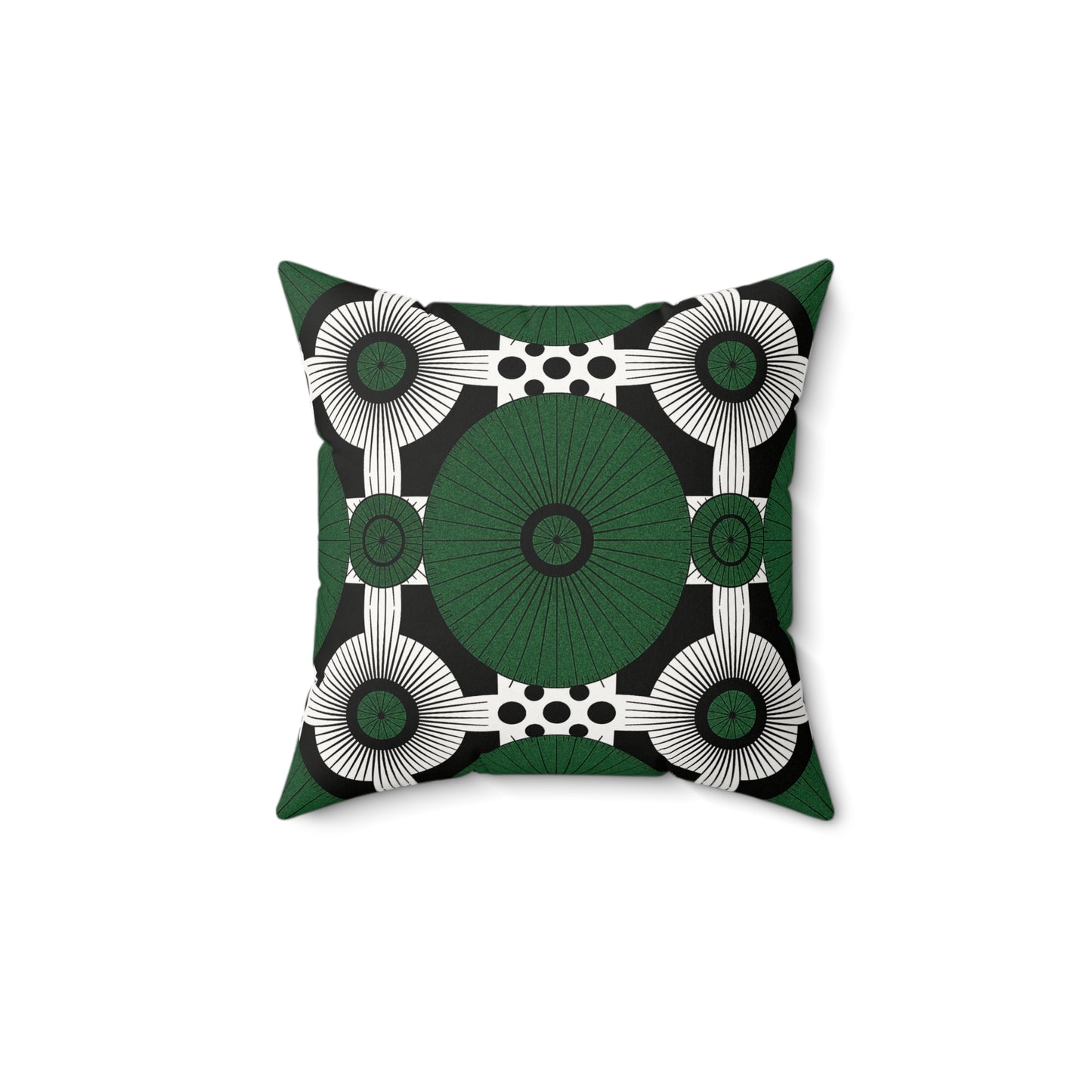 A square faux suede pillow with a bold geometric pattern featuring large green circles, white radiating lines, and small black dots. This green and black throw pillow adds a modern, eye-catching touch to any space. The pillow is centered on a white background.