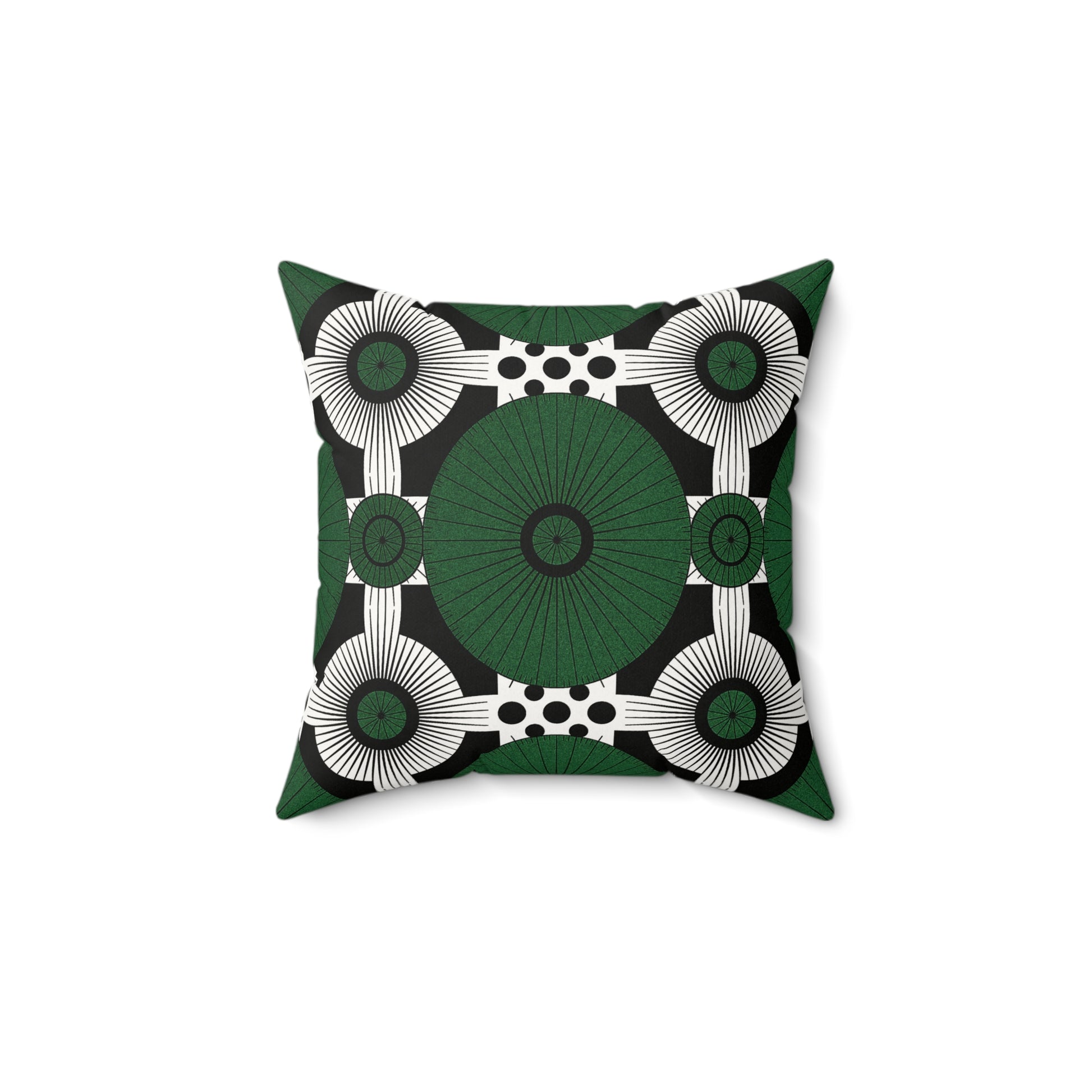 A square faux suede pillow with a bold geometric pattern featuring large green circles, white radiating lines, and small black dots. This green and black throw pillow adds a modern, eye-catching touch to any space. The pillow is centered on a white background.