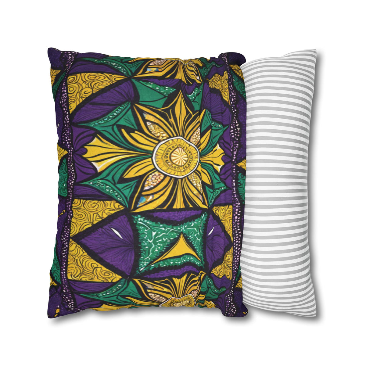 Two pillows are shown: one with vibrant African-inspired patterns in yellow, green, purple, and black, featuring star and leaf shapes; the other has a simple gray and white horizontal striped design. Both vibrant pillowcases are placed side by side on a white background.