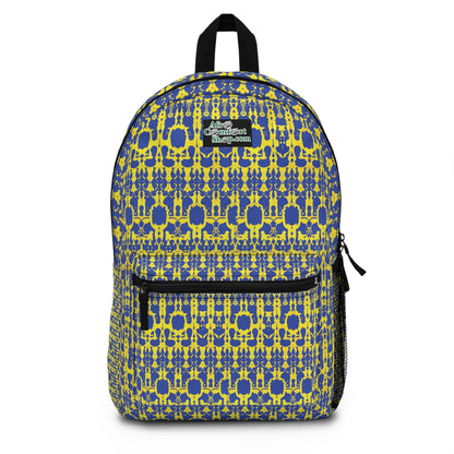A boho chic rucksack with a vibrant yellow and blue geometric pattern, featuring interconnected shapes. It has a black zipper, front pocket, mesh side pocket, black straps, and a patch reading “Akintoye Campbell Collections” in white script.
