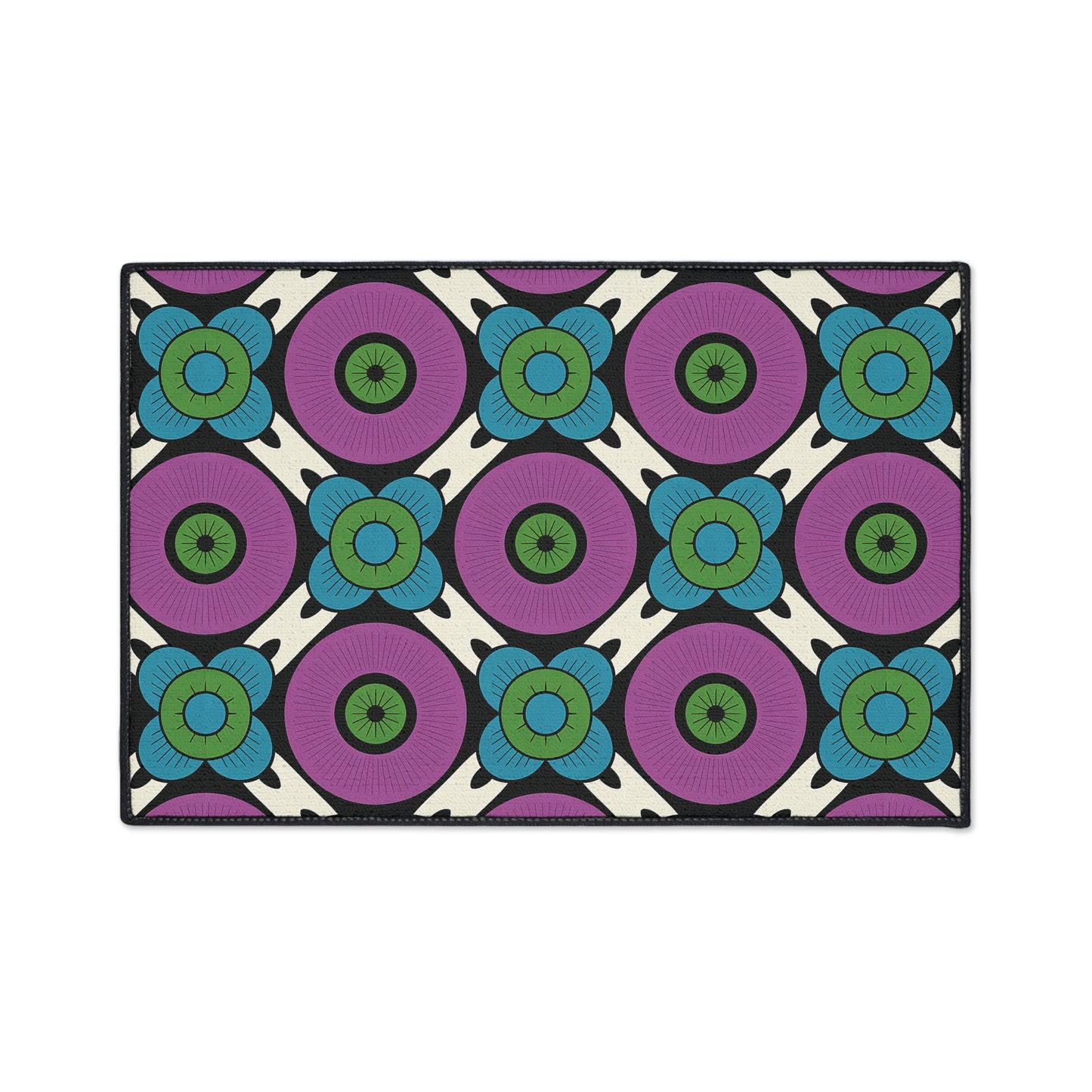A rectangular rug with African-inspired aesthetics features a repeating geometric floral pattern. Large purple circles with green centers are surrounded by blue petals on a cream background, forming symmetrical, bold rows—perfect for adding unique style to your space.