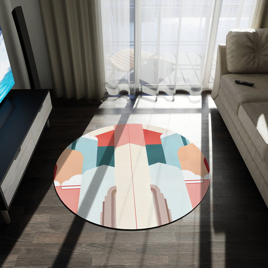 A round African rug with vibrant patterns and durable polyester chenille sits on a dark wooden floor between a beige sofa and TV stand. Sunlight streams in through sheer curtains, with a balcony and chairs visible outside.