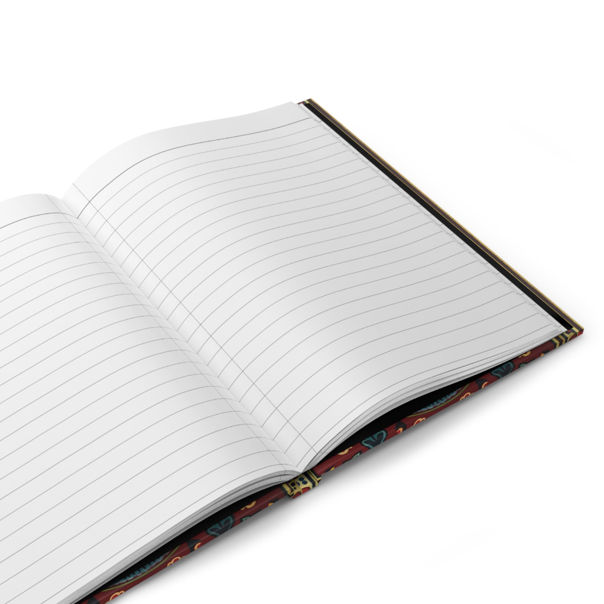 An open, lined writing journal is shown at an angle on a white surface. The pages are blank, and the cover features a decorative pattern with red, blue, and yellow accents along the edge. The notebook is ready for writing.