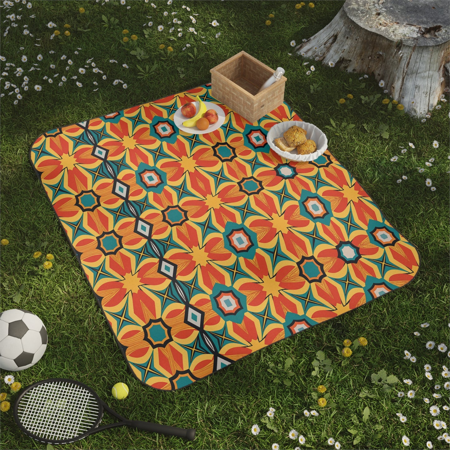 A picnic setup on grass features an African-inspired picnic blanket with bold red, yellow, and blue floral patterns. On the water-resistant blanket are a wicker basket, apples, pastries, and fruit. A soccer ball and tennis racket rest nearby among daisies.