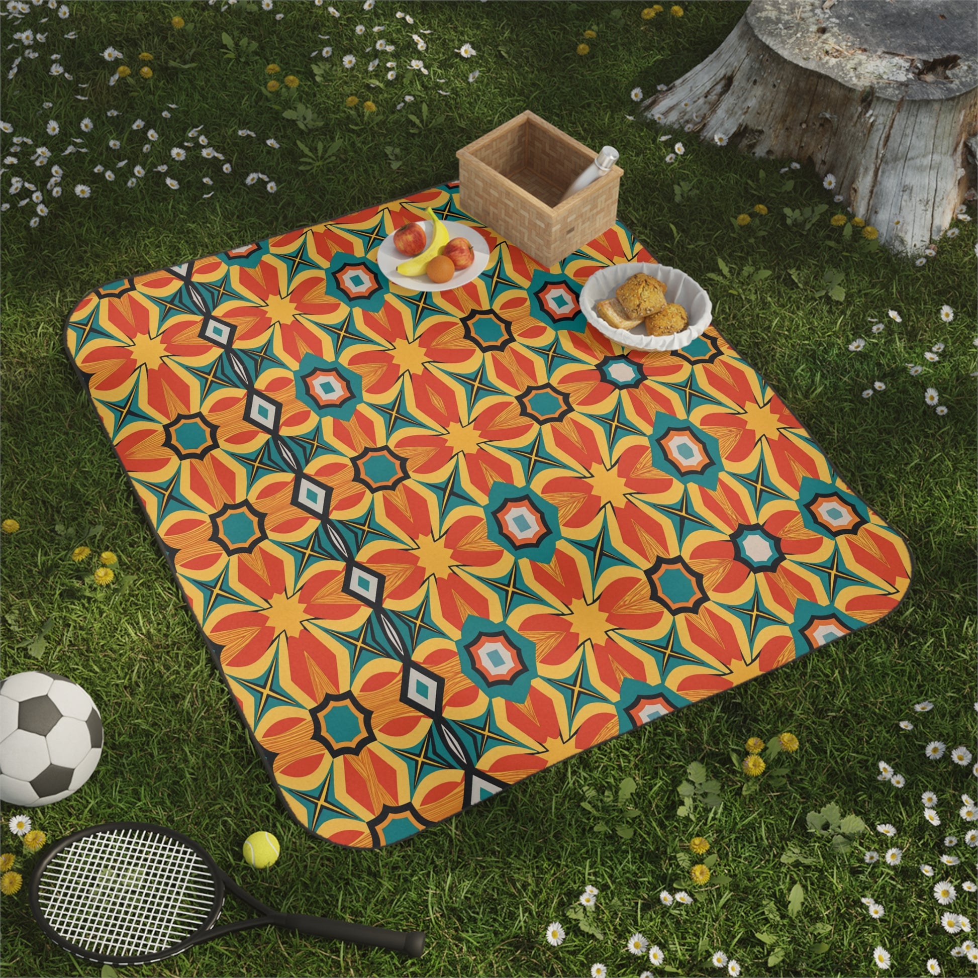 A picnic setup on grass features an African-inspired picnic blanket with bold red, yellow, and blue floral patterns. On the water-resistant blanket are a wicker basket, apples, pastries, and fruit. A soccer ball and tennis racket rest nearby among daisies.